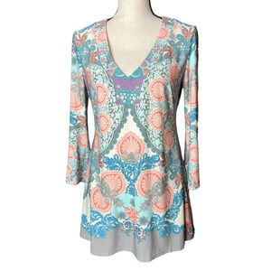 Boston Proper Tunic Size S in Green Blue Peach Print V-neck Long Sleeve